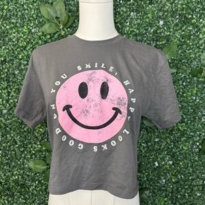 Charcoal Gray Crop Top with Pink Smiley